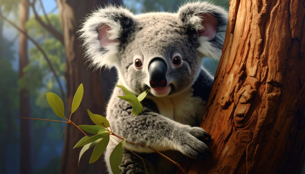 Firefly_Baby koala beim bambus essen auf einem baum 289307