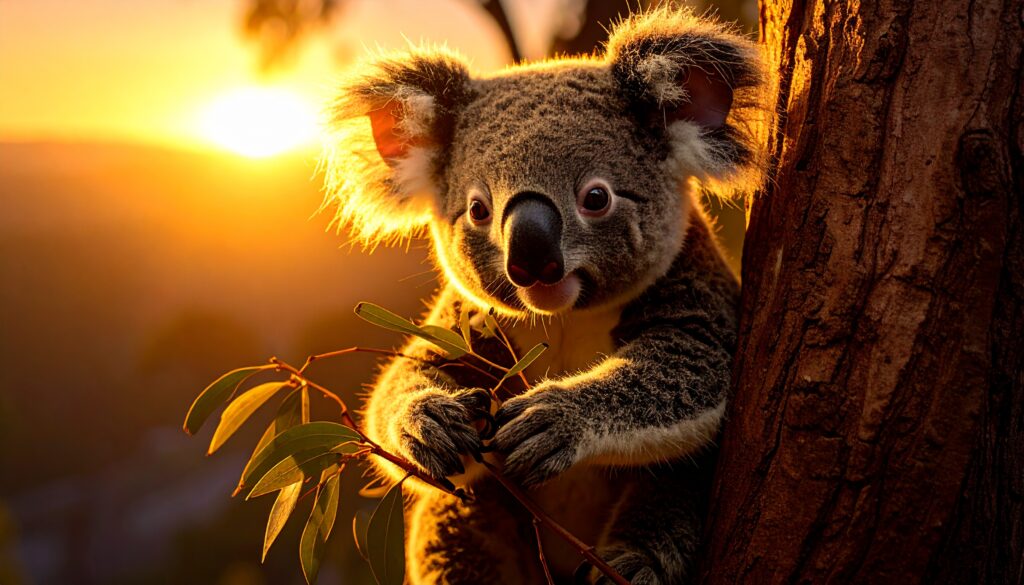 Firefly_Baby koala beim bambus essen auf einem baum, im Hintergrund sonnenuntergang, realisti 289307