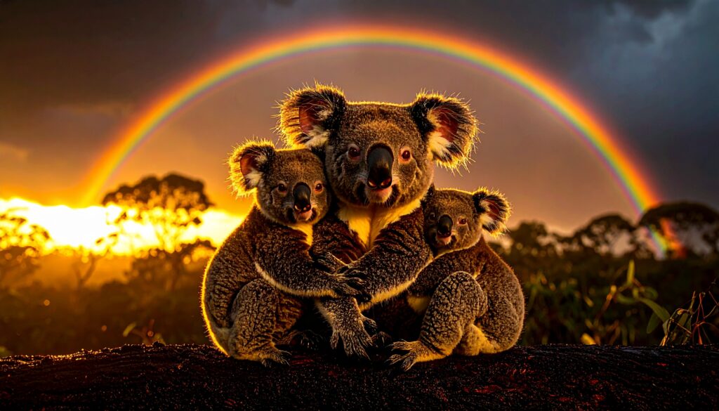 Firefly_koala familie, im hintergrund sonnenuntergang und regenbogen 549058